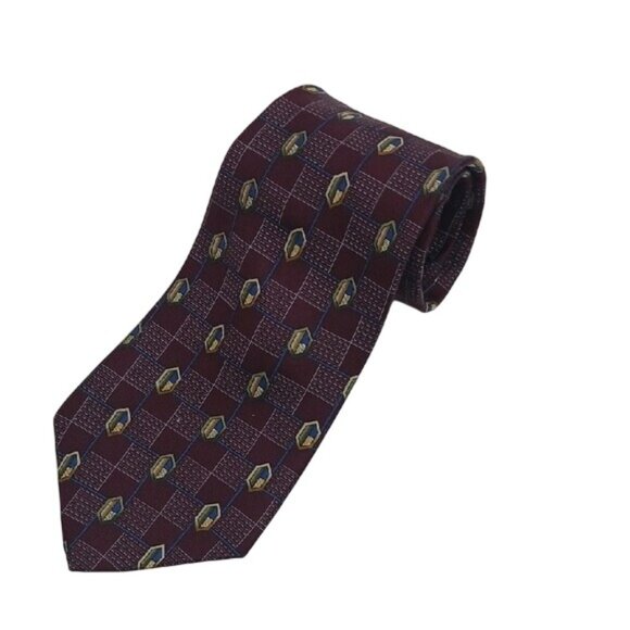 Stafford Silk Neck Tie Mens Burgundy Geometric Pattern Classic Pointed - Picture 1 of 5